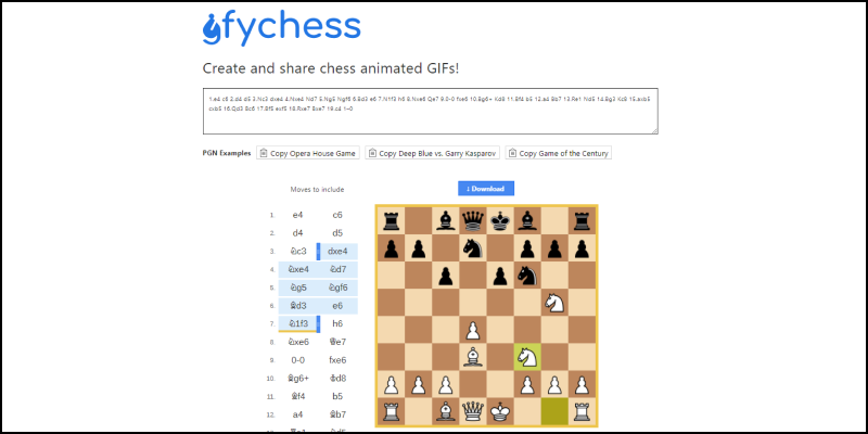 user-inputted chess pgn and its generated animated gif