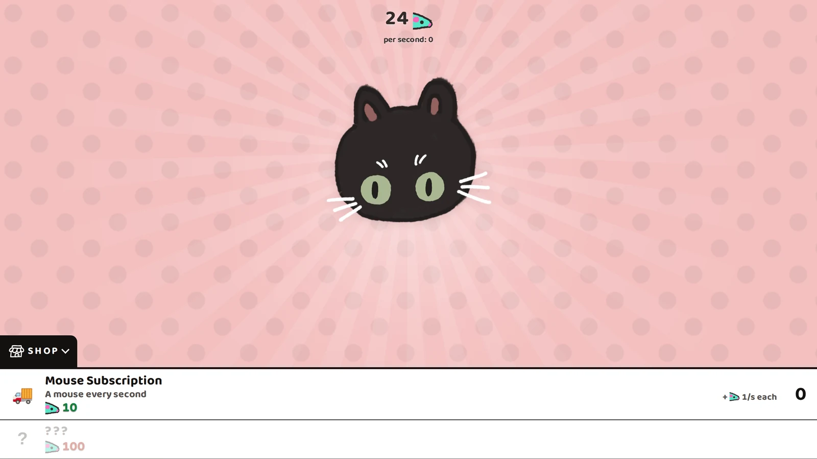 Hex the black cat over a pink polka-dot sky, with the upgrade shop open below